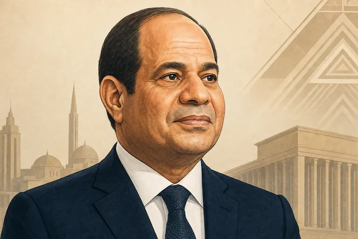 Illustrated head-and-shoulders portrait of Abdel Fattah El-Sisi in a formal dark suit, set against a restrained Egyptian civic backdrop.