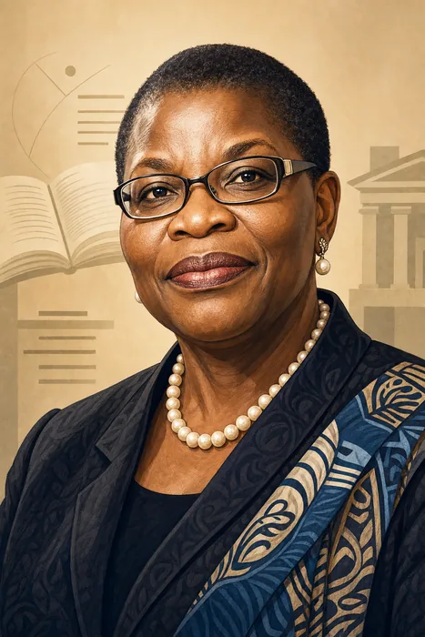 Editorial illustrated head-and-shoulders portrait of Obiageli “Oby” Ezekwesili with subtle education and public-policy motifs.