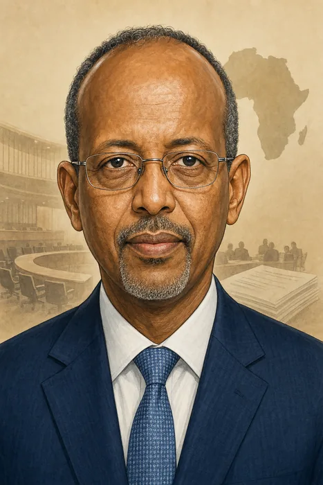 Illustrated head-and-shoulders portrait of Mahmoud Ali Youssouf with subtle African Union diplomacy-themed background cues.