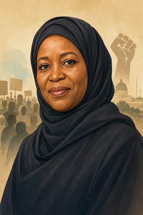 Illustrated head-and-shoulders portrait of Aisha Yesufu with subtle civic-advocacy imagery in the background.