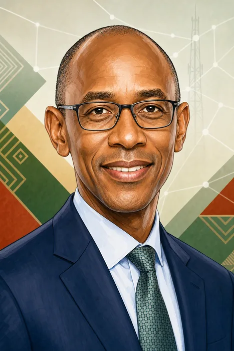 Illustrated head-and-shoulders portrait of Peter Ndegwa with subtle telecommunications network imagery.