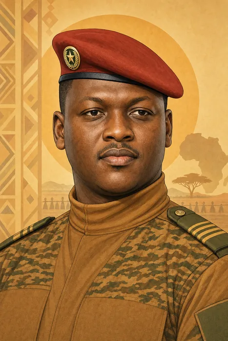 Illustrated head-and-shoulders portrait of Ibrahim Traoré in a formal military uniform, set against a restrained Sahel-inspired background.