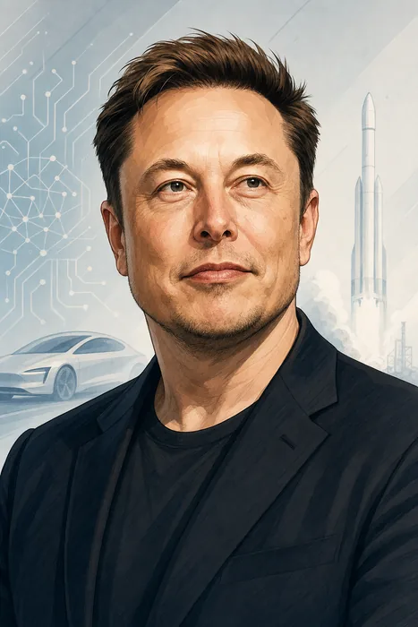Illustrated head-and-shoulders portrait of Elon Musk with understated electric-vehicle, rocket and artificial-intelligence visual cues.
