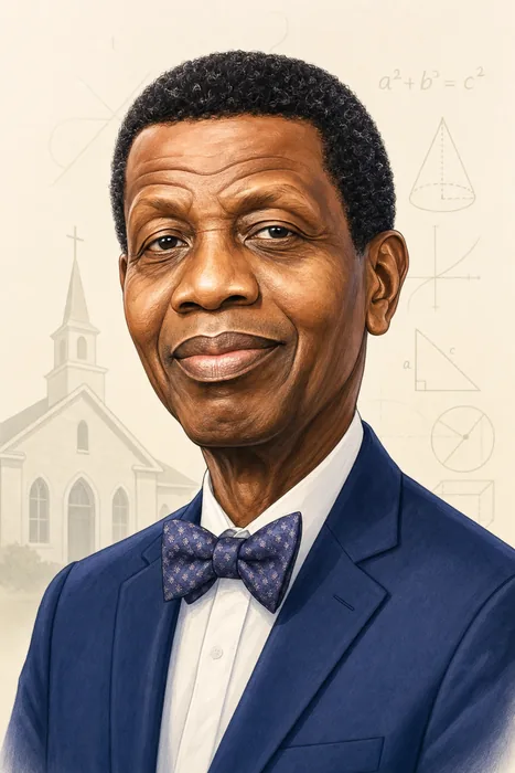 Illustrated head-and-shoulders portrait of Enoch Adejare Adeboye, with subtle church leadership and mathematics cues.