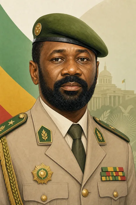 Illustrated head-and-shoulders portrait of Assimi Goïta in a formal military uniform, with subtle Mali-inspired colors in the background.
