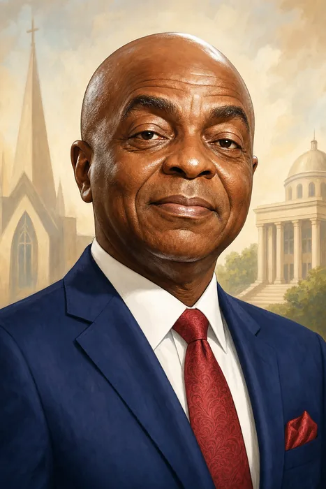 Illustrated head-and-shoulders portrait of David Olaniyi Oyedepo with understated church and university-inspired background cues.