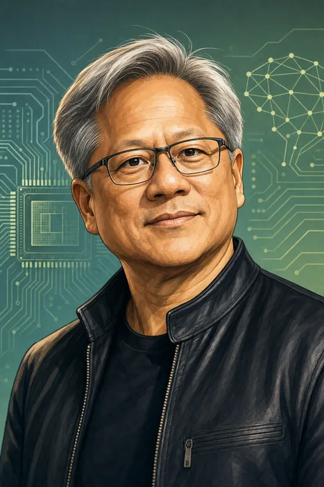 Illustrated head-and-shoulders portrait of Jensen Huang with subtle semiconductor and artificial intelligence computing motifs.