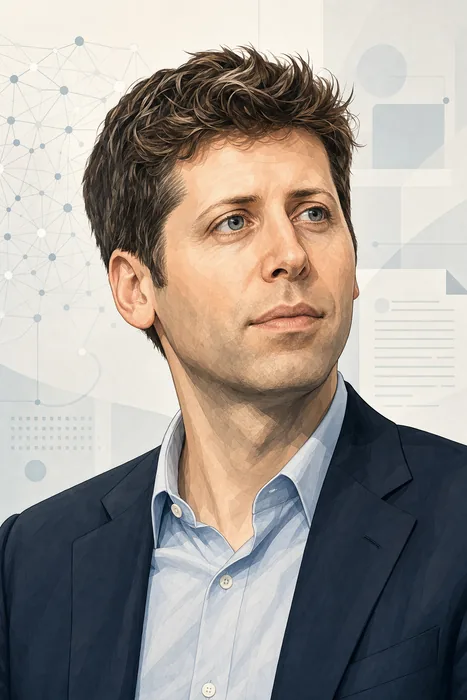 Illustrated head-and-shoulders portrait of Sam Altman with subtle artificial-intelligence and technology leadership cues.