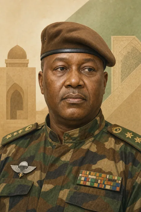 Illustrated head-and-shoulders portrait of Abdourahamane Tiani in a formal military uniform against a restrained background.