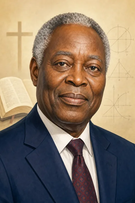 Illustrated head-and-shoulders portrait of William Folorunso Kumuyi, Christian pastor and General Superintendent of Deeper Christian Life Ministry.