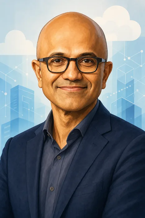 Illustrated head-and-shoulders portrait of Satya Nadella with subtle cloud and enterprise technology imagery in the background.