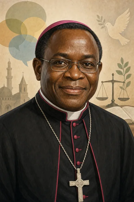Illustrated head-and-shoulders portrait of Matthew Hassan Kukah in Catholic clerical attire, with subtle peacebuilding and civic-dialogue cues.