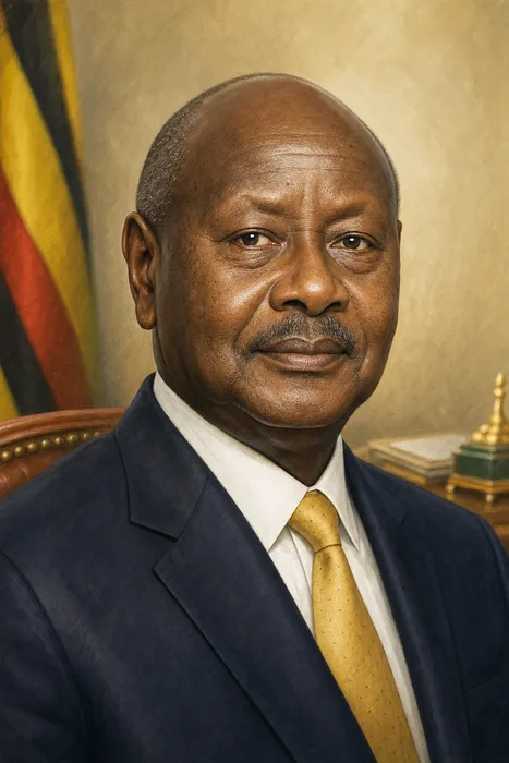 Illustrated head-and-shoulders portrait of Yoweri Museveni against a restrained background with subtle Ugandan presidential-office cues.