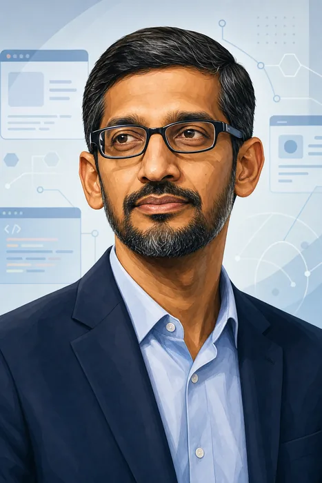 Illustrated head-and-shoulders portrait of Sundar Pichai with subtle technology and product-development visual cues.