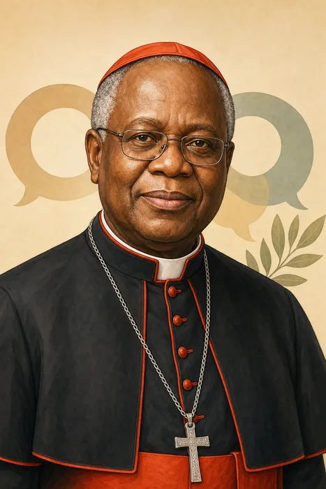 Illustrated head-and-shoulders portrait of Cardinal John Olorunfemi Onaiyekan in Catholic clerical attire, with understated peace and dialogue motifs.