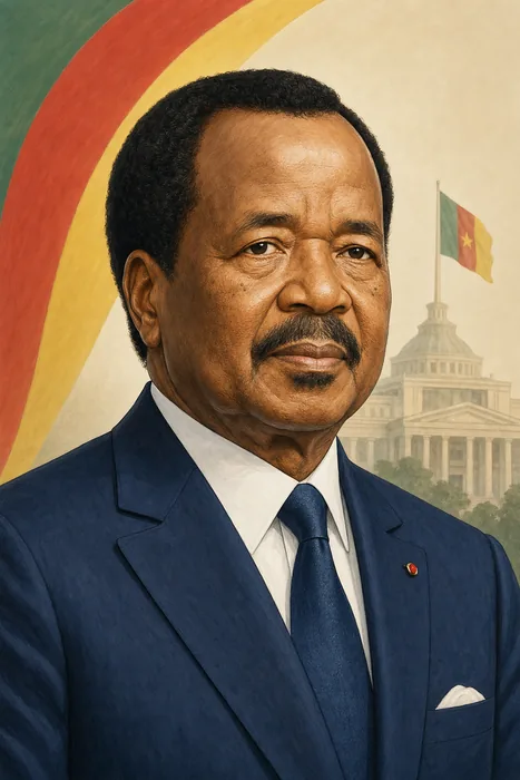 Editorial illustrated head-and-shoulders portrait of Paul Biya in formal attire, with a subtle Cameroon-themed presidential setting.
