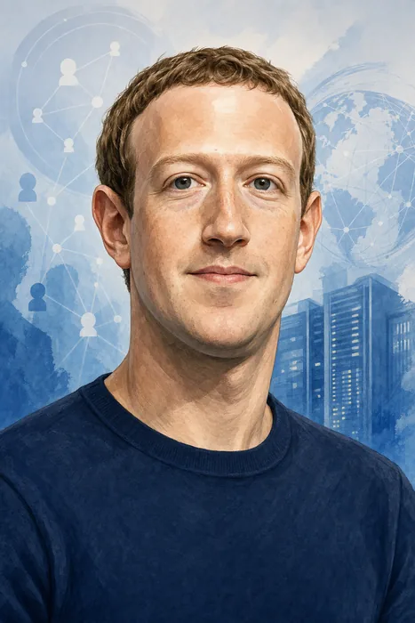 Illustrated head-and-shoulders portrait of Mark Zuckerberg with subtle technology-themed background elements.