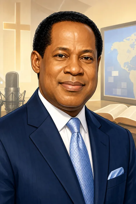 Illustrated head-and-shoulders portrait of Chris Oyakhilome with subtle religious broadcasting and publishing motifs.