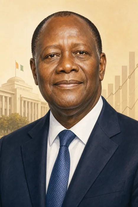 Illustrated head-and-shoulders portrait of Alassane Dramane Ouattara in a formal suit, with subtle civic and economic visual cues.
