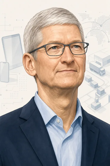 Illustrated head-and-shoulders portrait of Tim Cook in a restrained editorial style, with subtle technology and operations cues.