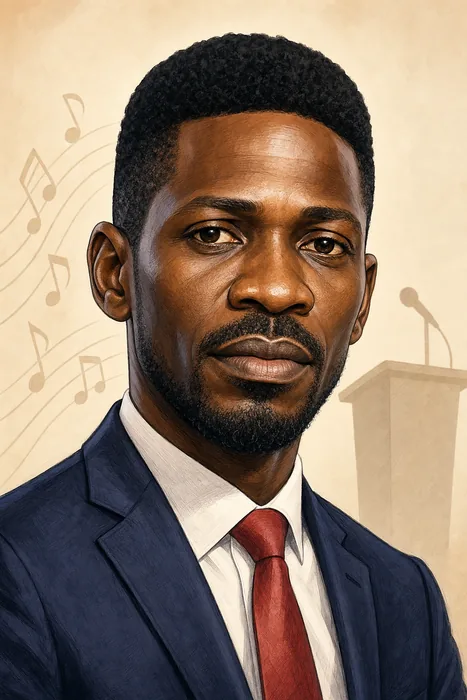 Editorial illustrated head-and-shoulders portrait of Robert Kyagulanyi Ssentamu, known as Bobi Wine, with subtle music and civic leadership cues.