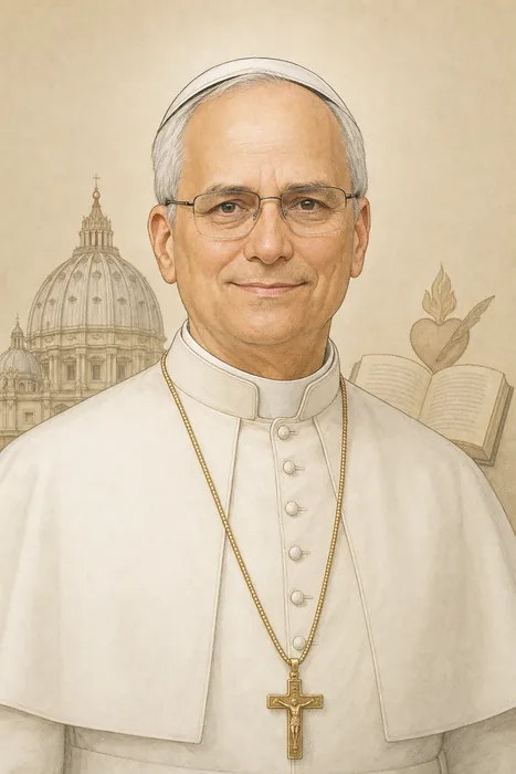 Illustrated head-and-shoulders portrait of Pope Leo XIV in white papal attire, set against a simple Vatican-inspired background.