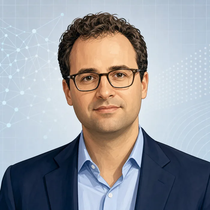 Illustrated head-and-shoulders portrait of Dario Amodei with subtle artificial intelligence research motifs in the background.