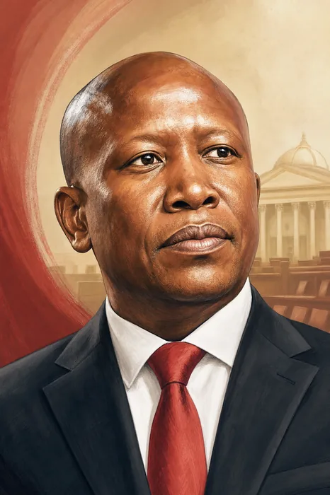 Illustrated head-and-shoulders portrait of Julius Sello Malema in a formal political setting with subtle parliamentary and Economic Freedom Fighters leadership cues.