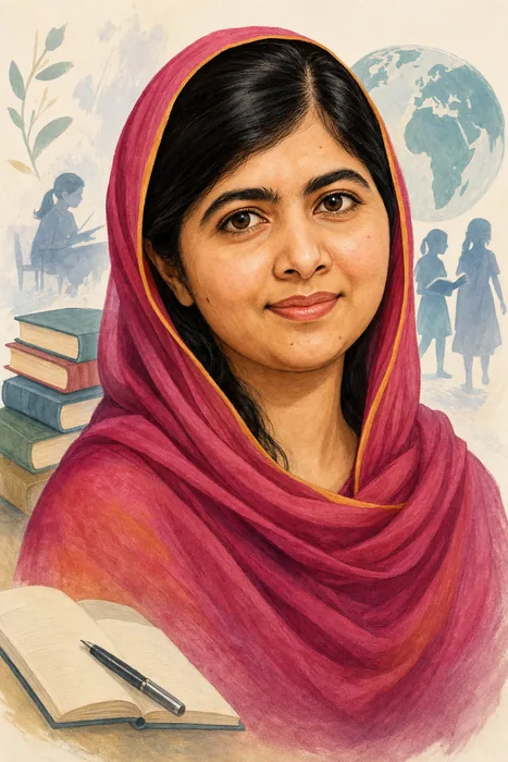 Illustrated head-and-shoulders portrait of Malala Yousafzai with subtle education-themed background details.