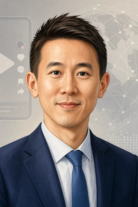 Illustrated head-and-shoulders portrait of Shou Zi Chew in a professional setting with subtle social-media and global business cues.