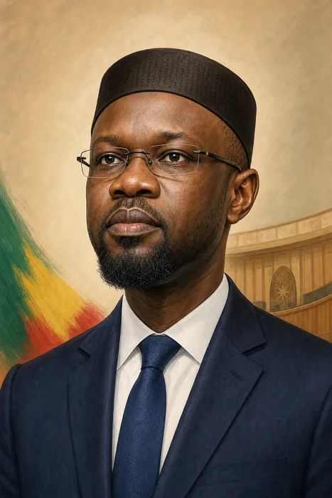 Illustrated head-and-shoulders portrait of Ousmane Sonko with a subtle Senegalese National Assembly setting.