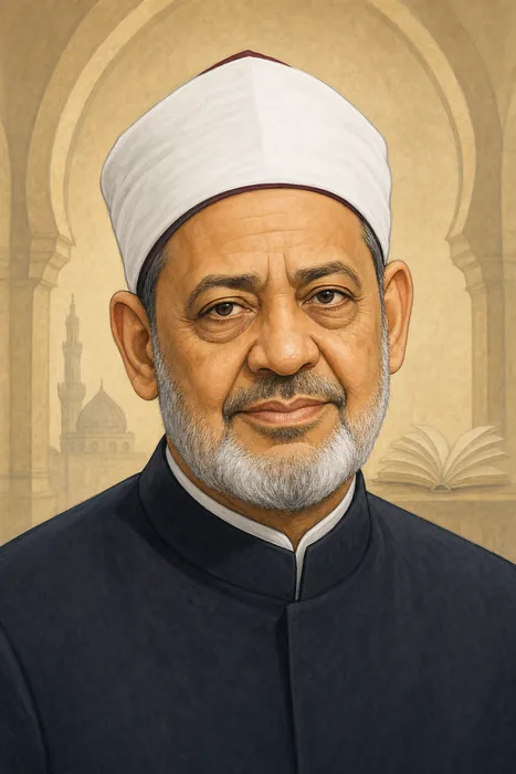 Illustrated head-and-shoulders portrait of Ahmed El-Tayeb in traditional Islamic scholarly dress, with a subtle Al-Azhar-inspired architectural backdrop.