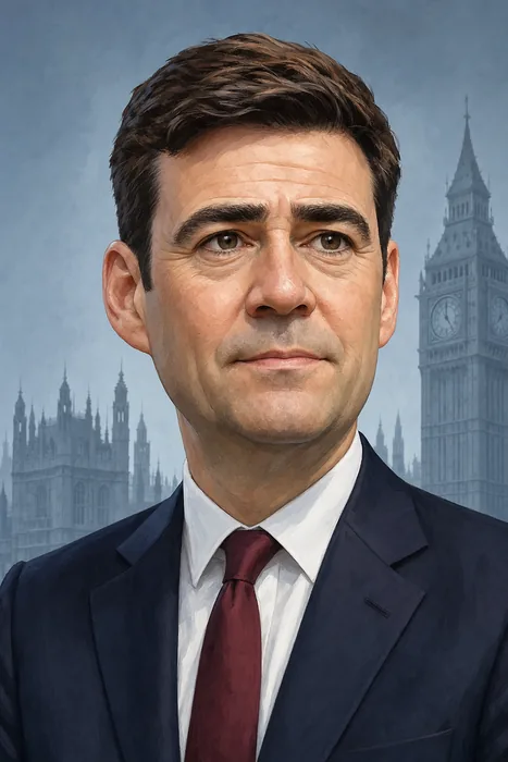 Illustrated head-and-shoulders portrait of Andy Burnham with a subtle United Kingdom government setting.