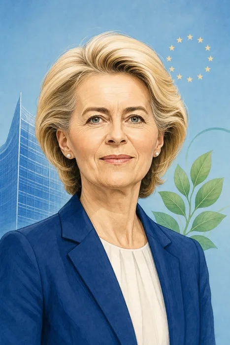 Illustrated head-and-shoulders portrait of Ursula von der Leyen with subtle European Commission and green-policy visual cues.