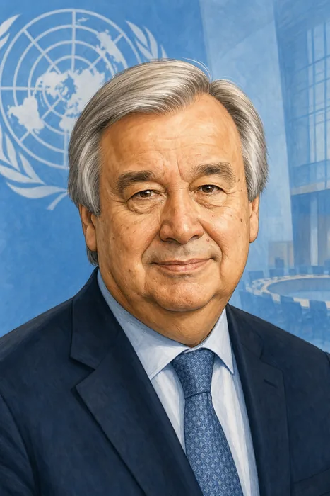 Illustrated head-and-shoulders portrait of António Guterres with subtle United Nations-themed background elements.