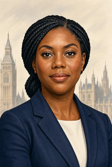Illustrated head-and-shoulders portrait of Kemi Badenoch in a formal political setting, with a subtle Westminster skyline in the background.