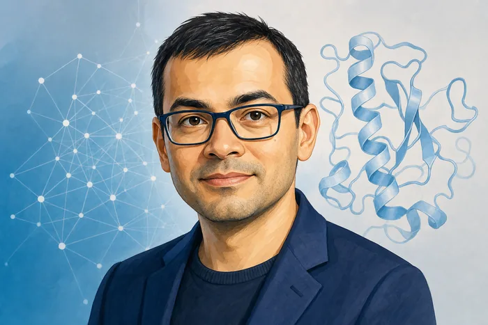Illustrated head-and-shoulders portrait of Demis Hassabis with subtle artificial intelligence and protein-structure motifs.