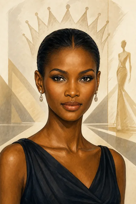 Editorial illustrated head-and-shoulders portrait of Agbani Darego, with subtle fashion and pageant cues.