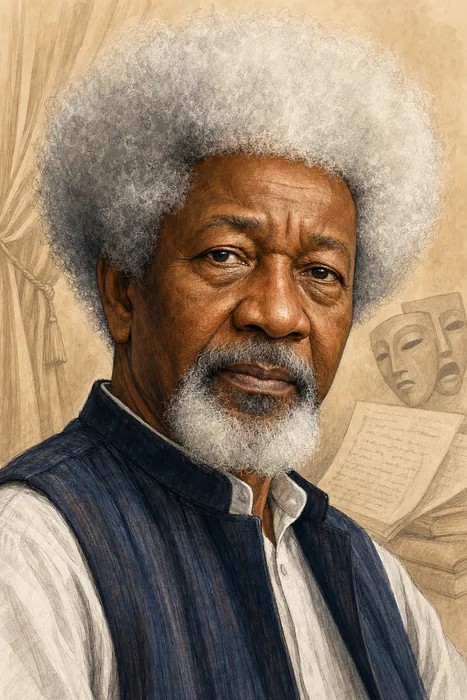 Illustrated head-and-shoulders portrait of Wole Soyinka with subtle theatre and literary cues.