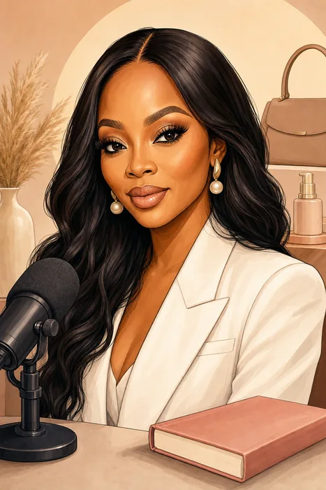 Illustrated head-and-shoulders portrait of Nigerian media personality Toke Makinwa with subtle broadcasting, writing and lifestyle-media cues.