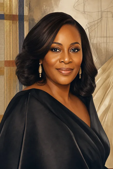 Editorial-style illustrated head-and-shoulders portrait of Nigerian fashion designer Deola Sagoe, with subtle haute couture design cues.