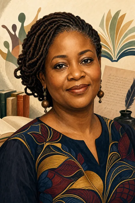 Illustrated head-and-shoulders portrait of Lola Shoneyin with subtle book and literary-festival cues.
