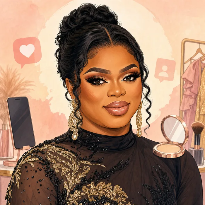 Editorial illustrated head-and-shoulders portrait of Bobrisky with understated fashion and beauty cues.