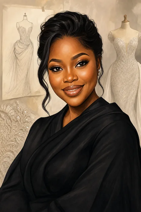Illustrated head-and-shoulders portrait of Veekee James with subtle couture design cues.