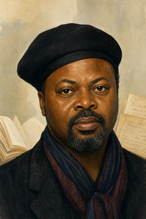 Illustrated head-and-shoulders portrait of Ben Okri with understated literary cues.