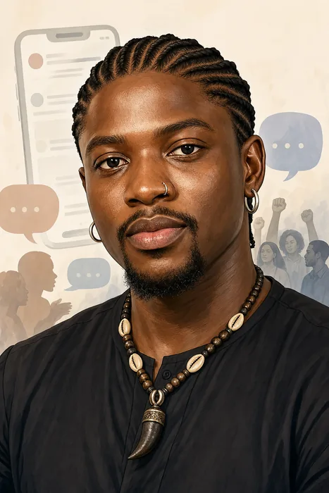 Illustrated head-and-shoulders portrait of Martins Vincent Otse, known online as VeryDarkMan, with subtle social-media commentary cues.
