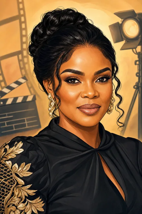 Illustrated head-and-shoulders portrait of Iyabo Ojo with subtle film and television cues.