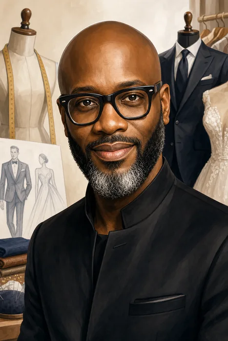 Illustrated head-and-shoulders portrait of Nigerian fashion designer Ohimai Atafo, known as Mai Atafo, with subtle tailoring-themed background details.