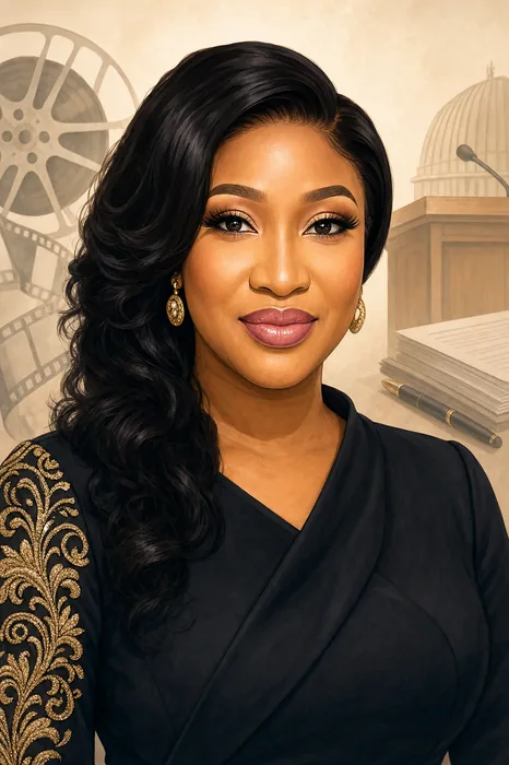 Editorial-style illustrated head-and-shoulders portrait of Tonto Dikeh with subtle film and civic-public-life cues.