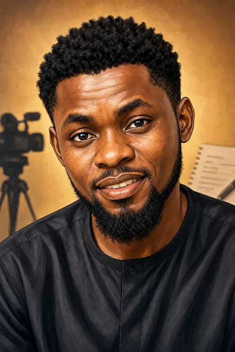 Illustrated head-and-shoulders portrait of Mark Angel with subtle comedy-production cues.